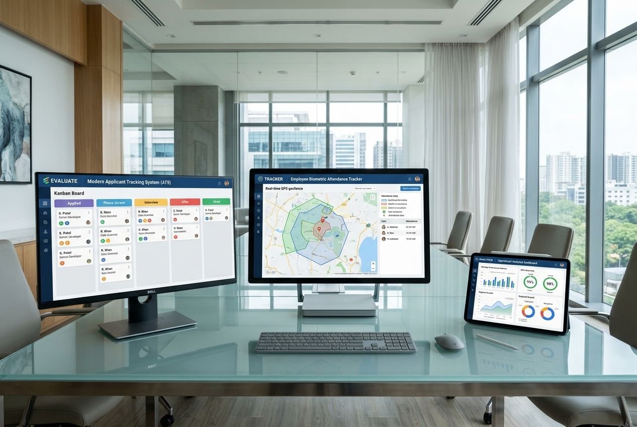 Enterprise ATS kanban board and biometric attendance screens on executive table